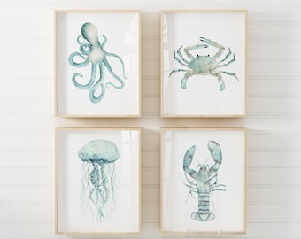 Teal Sea Animal Wall Art Set of 4 – Octopus, Jellyfish, Crab & Lobster Watercolor Prints, Coastal Nursery Decor, Ocean Creatures Gift Idea