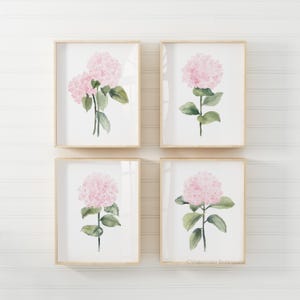 Set of Four Pink Hydrangea Flowers-  Wall Art Collection – 4 Delicate Watercolor Prints, Minimalist Botanical Decor for Baby Girl Nursery