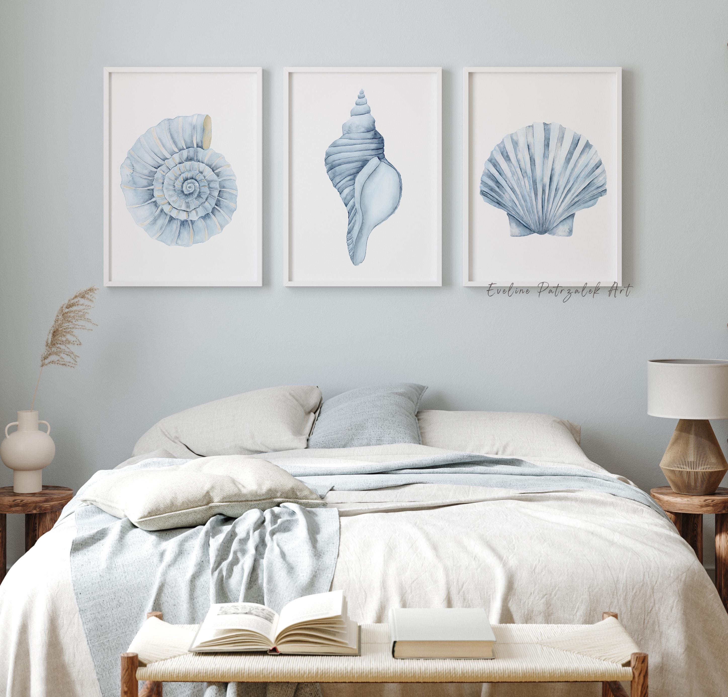 Blue Coastal Shell Wall Art Set of 3 – Ammonite Conch Scallop – Beach ...