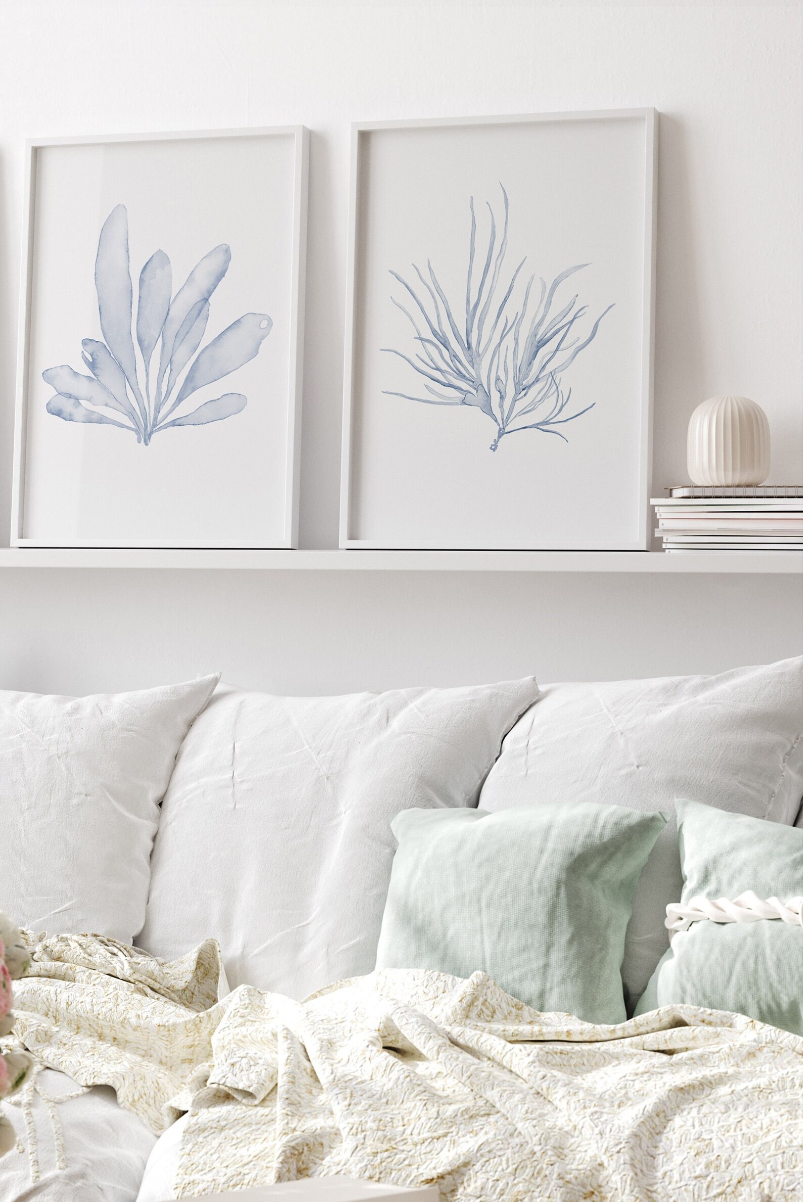 Image showcasing Baby Blue Corals, Minimalist Wall Decor, Seaweed Painting, Set of 2 ...