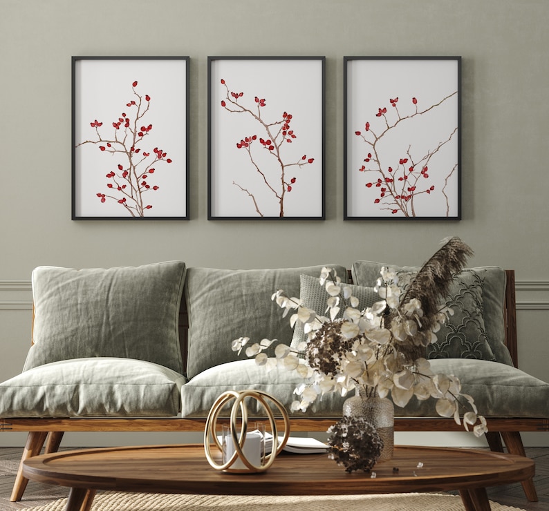 Rote Aquarell Kunst, Wilde Hagebutten 3er Set Drucke, Rosenzweige, Minimalistische Wanddekor, Botanische Drucke, Rote Beeren Malerei, Bauernhaus Bild 3