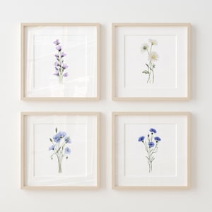 Set di 4 stampe di fiori di campo ad acquerello – Decorazione murale floreale da fattoria, fiori di lino, margherite, giacinti e fiordalisi
