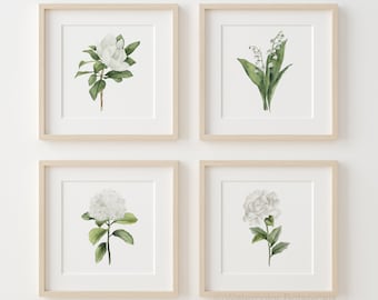 Aquarell weiße Blumen, 4er-Set Kunstdrucke, Minimalistische Wandkunst, Magnolie, Pfingstrose, Hortensie, Maiglöckchen, botanische Drucke, moderne Kunst