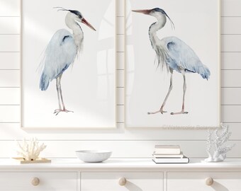 Large Blue Herons - Set of 2 Prints - Diptych, Minimalist Bird Painting, Coastal Wall Decor