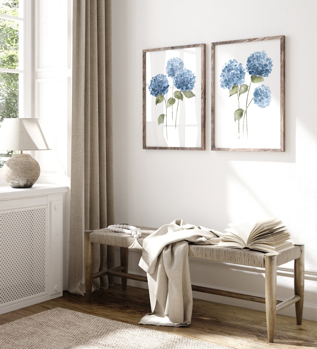 Hamptons Blue Hydrangeas, Set of 2 Prints, Modern Minimalist Flowers