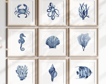 Set of 9 Marine Watercolor Prints – Minimalist Navy Blue Coastal Wall Art, Coral, Shell