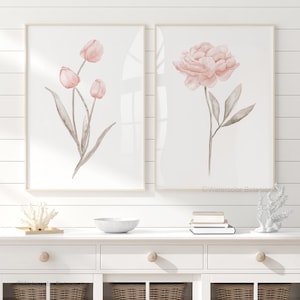 Stampe ad acquerello di peonie e tulipani, arte botanica di fiori primaverili, decorazione murale floreale minimalista, set di 2 stampe, dipinte a mano