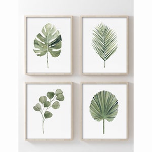 Set of 4 Tropical Leaves in Neutral Sage & Olive Green, Exotic Wall Art, Monstera, Ruffle Fan Palm Leaf, Eucalyptus Painting, Modern Art