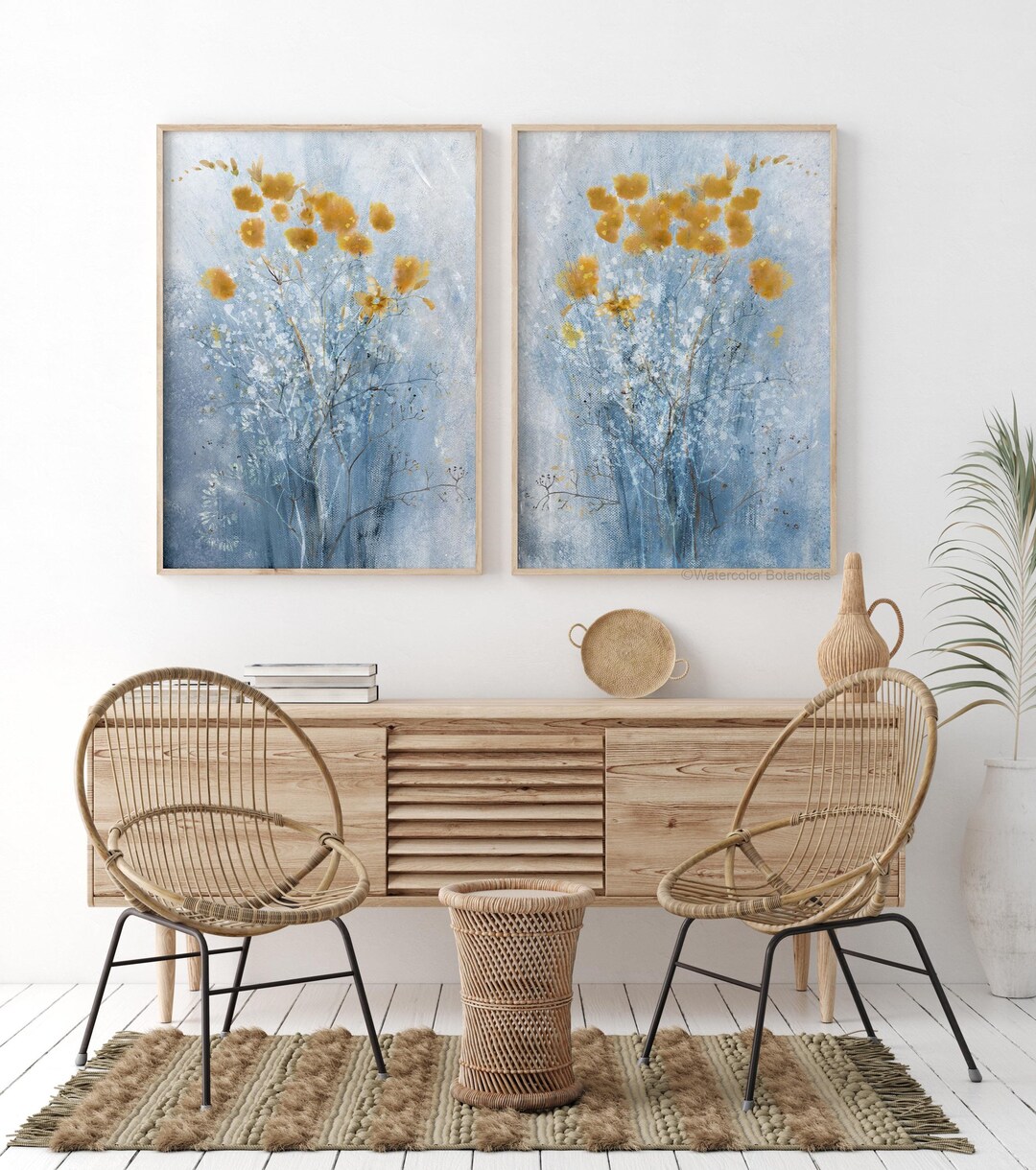 Modern Abstract Flowers, Blue Yellow Wall Art, Modern Farmhouse