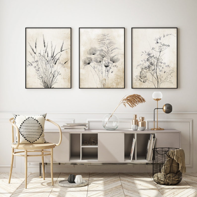 Black Wild Flowers on Rustic Background, Set of 3 Prints, Watercolor Drawing, Lavender Painting, Minimalist Home Decor with Vintage Flair image 7