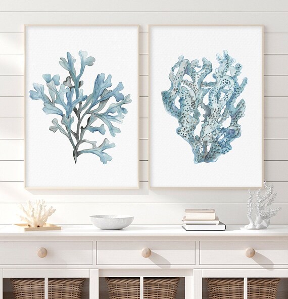 erstaunlicher Preis Watercolor Coral & Seaweed, Sky Etsy 2 Sea House Blue Botanical Muted Israel Set Nautical Modern Prints, Art, Beach Fern of Wall - Blues Painting, Decor