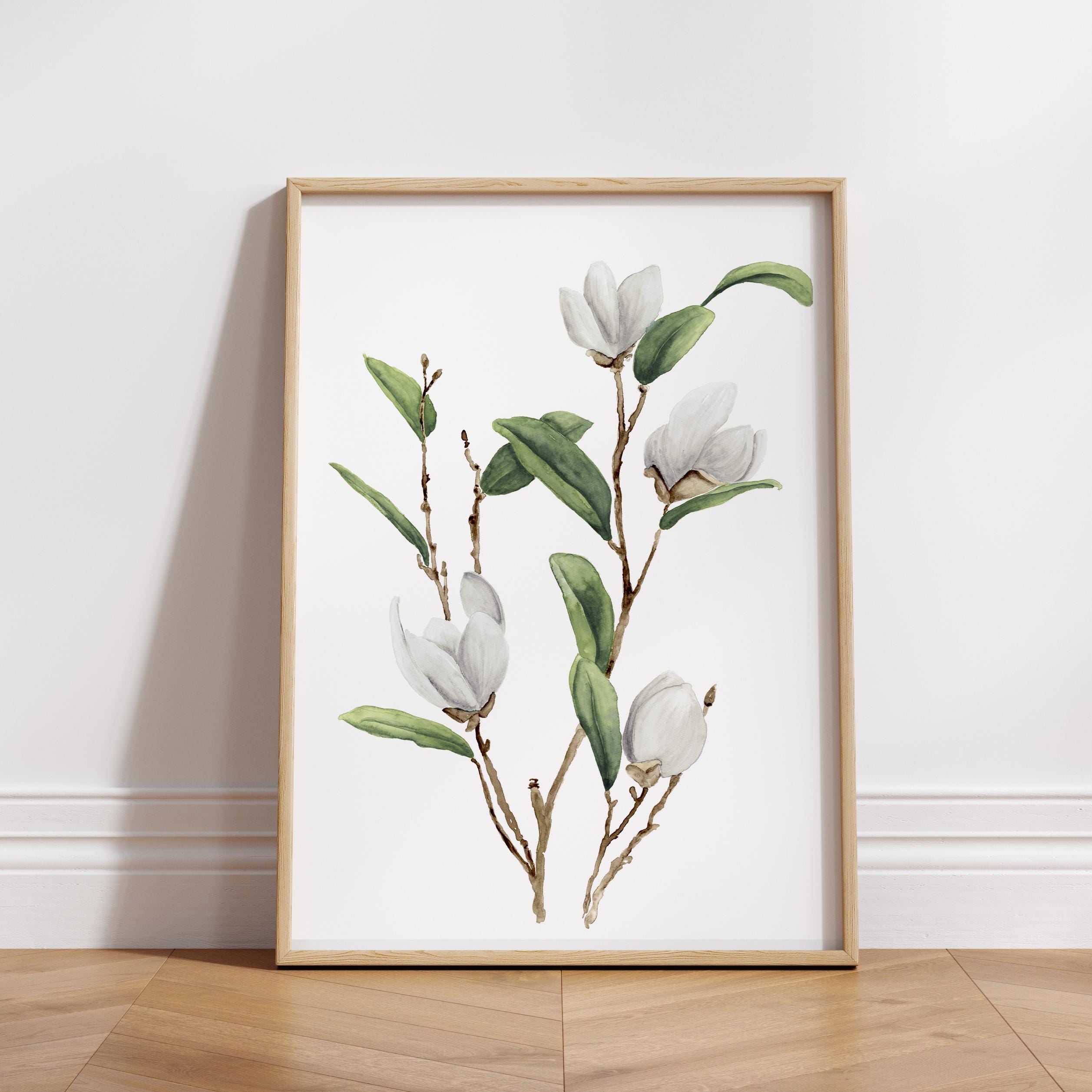 Neutral Magnolia Wall Art, Scandinavian Botanical Print, White Floral Watercolor for Minimalist Home Decor, Nature-Inspired Wall Print