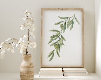 Green Olive Branch, Watercolor Botanical Print, Wall Decor Minimalist, Leaves Painting, Archival Print Olive Tree Decor, Mediterranean Plant