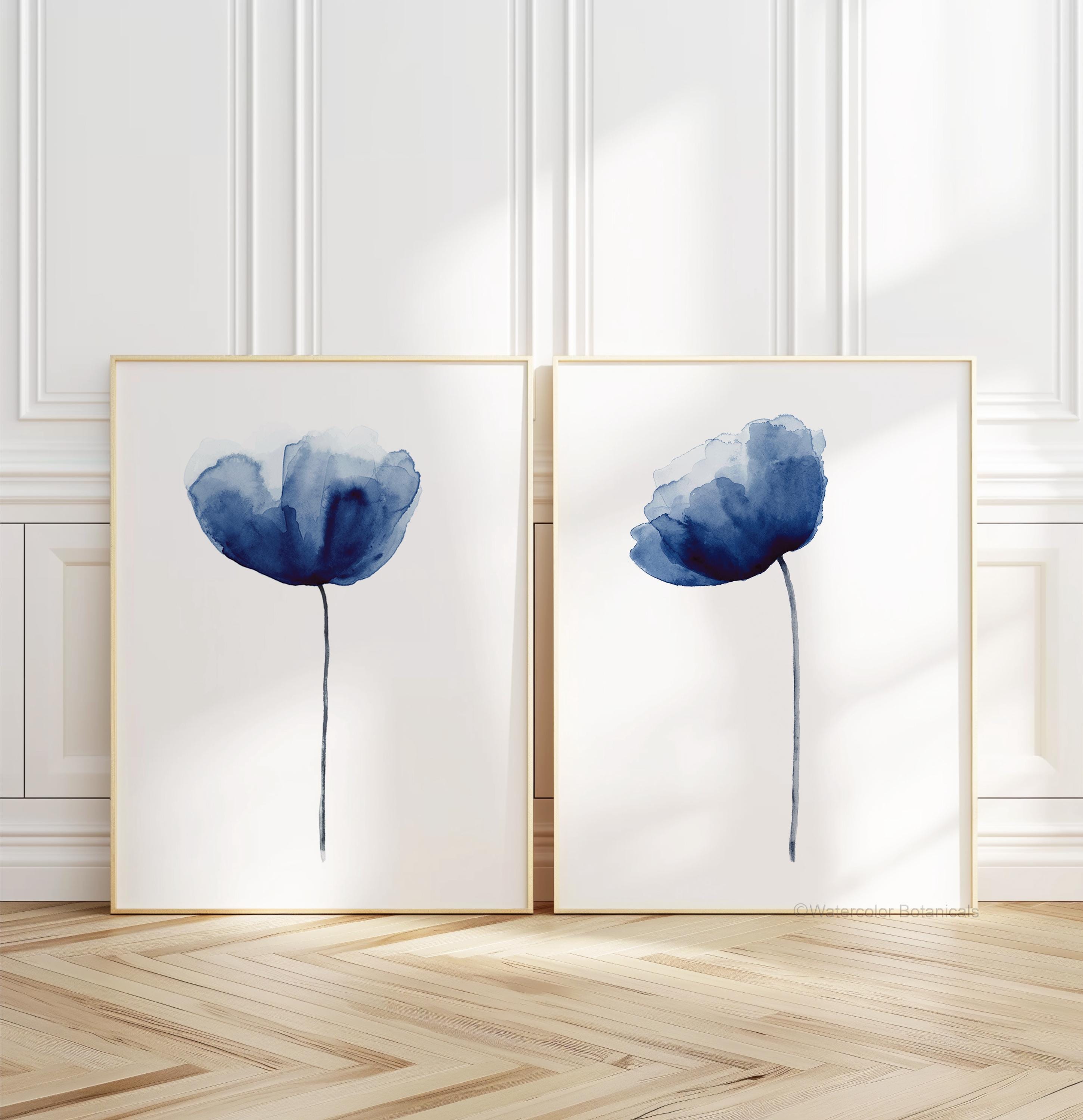 Stampa Su Tela Fiori Blu In Bianco E Nero - Quadro Decorativo 46x31 Cm, Pronto Da Appendere