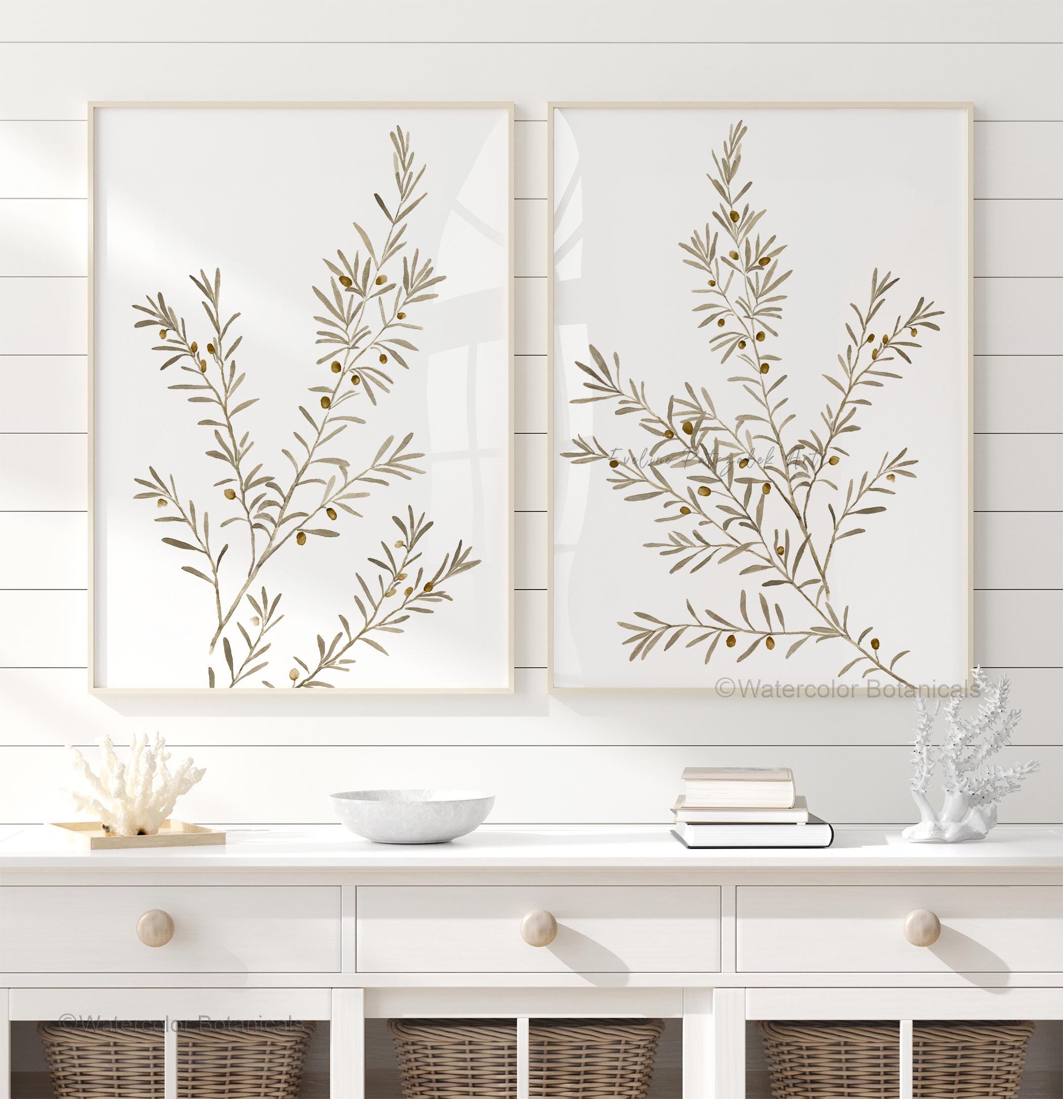 Olive Branch Wall Art Set of 2, Neutral Botanical Prints for