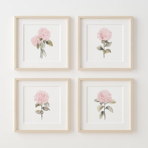 Boho Hydrangea Gallery – Set di 4 stampe botaniche minimaliste, decorazioni da parete floreali rosa tenue per la cameretta dei bambini e regalo per lei