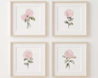 Boho Hydrangea Set of 4 Prints, Minimalist Wall Art, Blush Pink Art, Botanical Posters, Baby Girl Nursery, Kid's Art, Gift Idea for Her