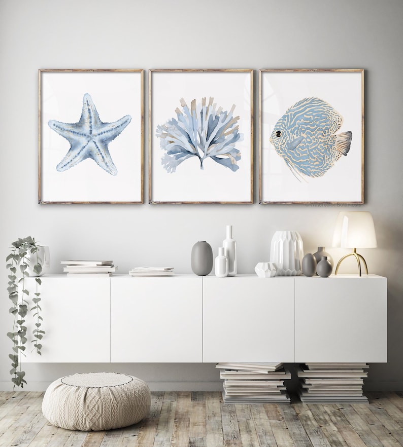 Ocean Wall Art Set of 3 – Light Blue Fish, Starfish & Seaweed Coastal ...