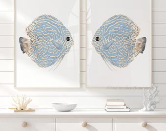 Pesce disco astratto, set di 2 stampe, decorazione murale costiera moderna, opera d'arte ad acquerello, animali marini, arte della casa sulla spiaggia, dipinto di pesce azzurro
