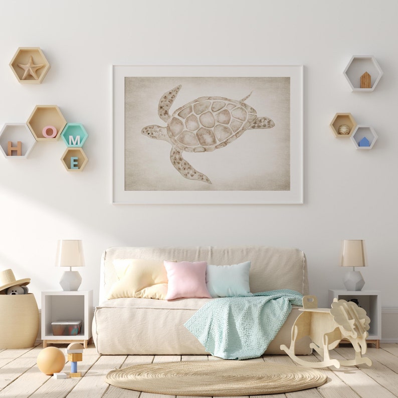Watercolor Turtle Modern Coastal Wall Decor Nautical Art Print Beige Light Sea Life Painting Nature Wall Decor Beach House Wall Decor Summer image 3