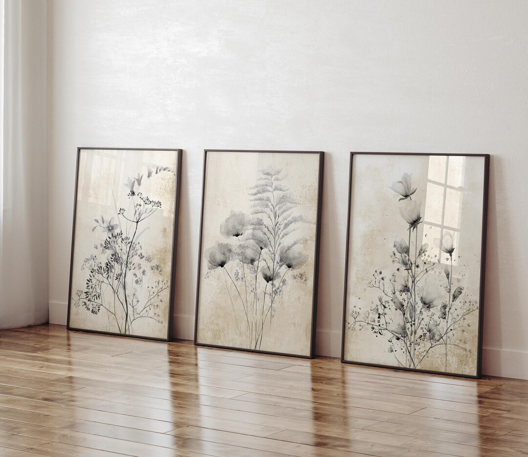 Set of 3 Rustic Botanical Prints – Vintage Floral Wall Art, Modern ...
