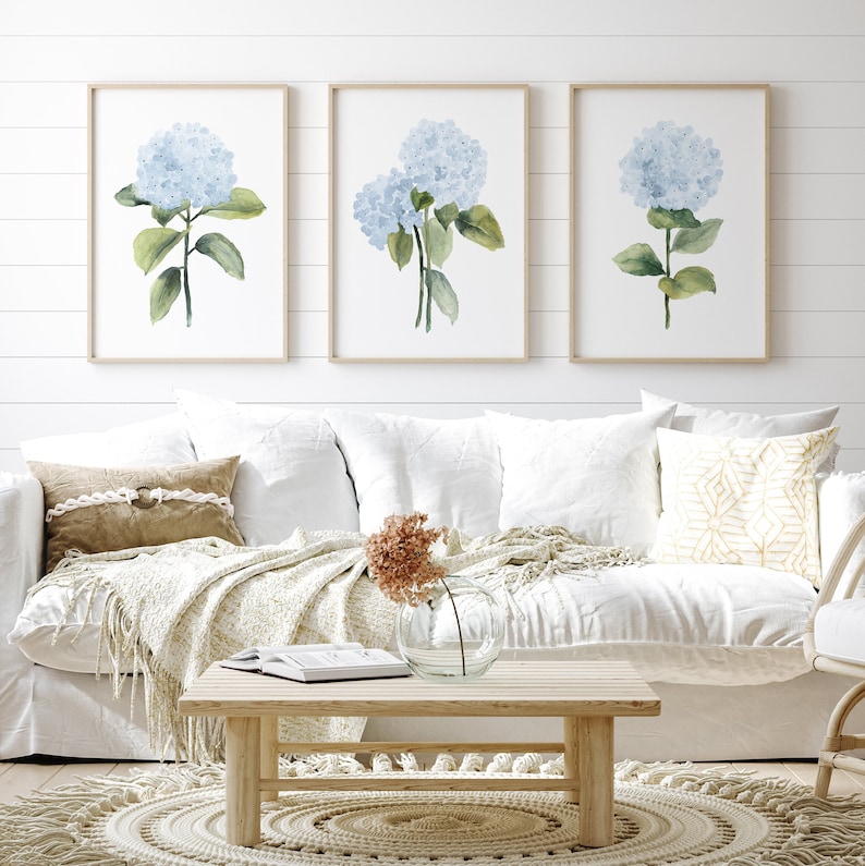 Watercolor Light Blue Hydrangea Set for Modern Homes, Minimalist Artwork, Set of 3 Prints, Botanical Fine Art Posters, Hamptons Wall Decor image 8