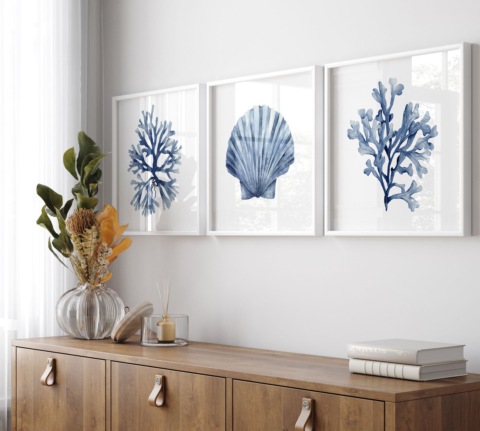 Set of 3 Coral Prints Minimalist Wall Decor Navy Blue Home Etsy UK