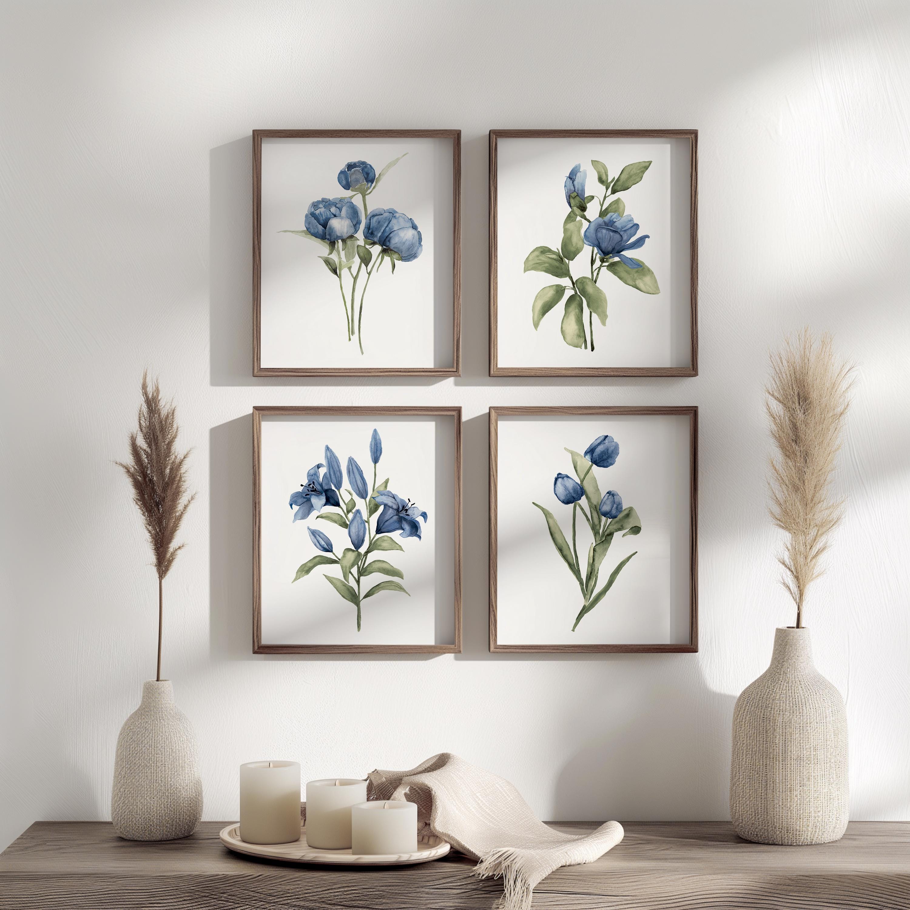 Blue Watercolor Floral Prints – Set of 4 Minimalist Botanical Art ...