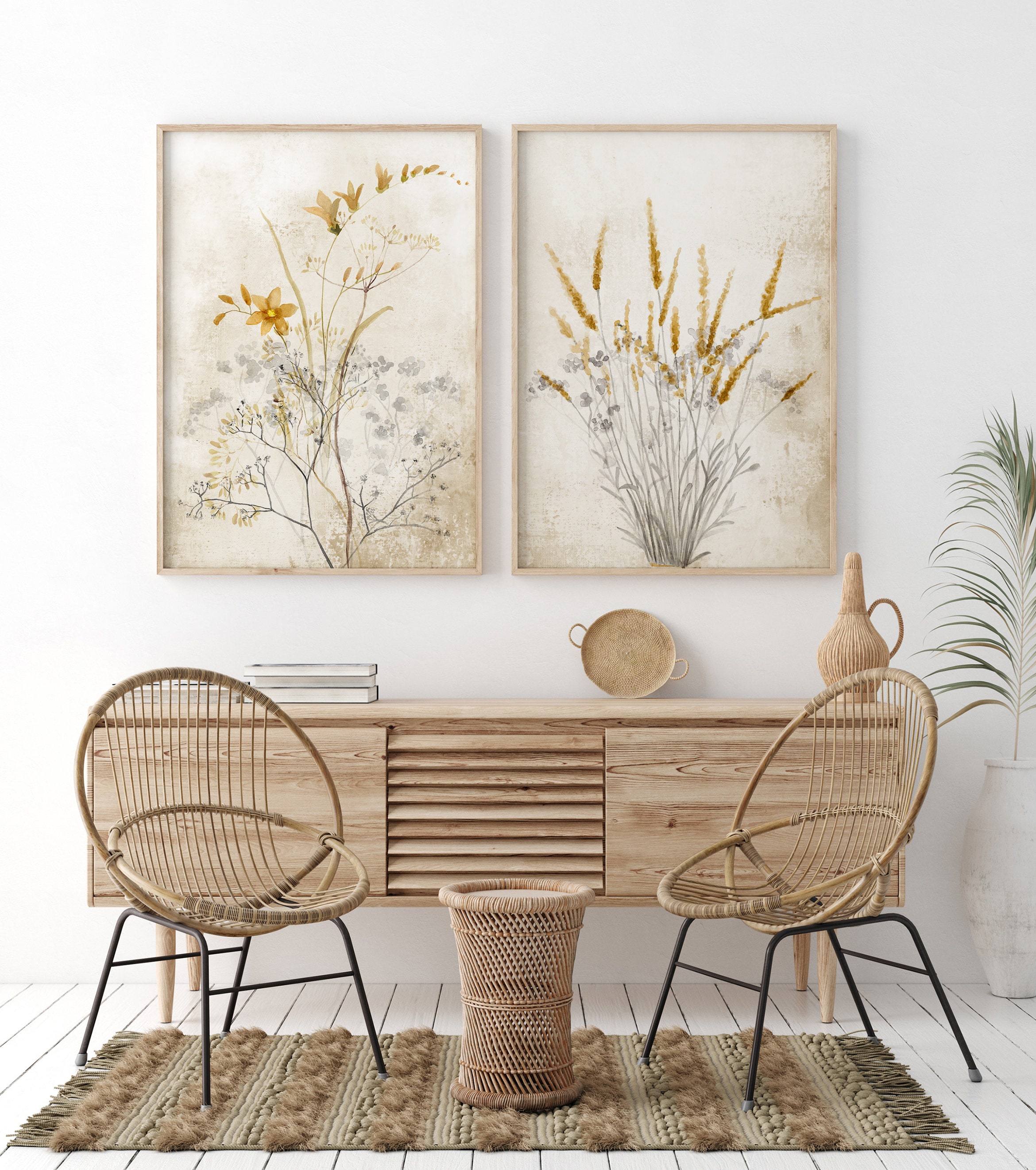 Modern Farmhouse Wall Decor in Boho Rustic Style, Yellow & Gray Artwork ...