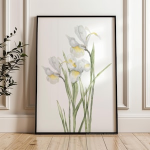 Peut inclure: Une impression encadrée à l'aquarelle représentant des fleurs d'iris blanches avec des centres jaunes et des tiges vertes. L'œuvre est présentée dans un cadre noir et est adossée à un mur blanc. L'impression est une illustration botanique.