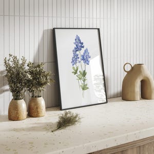 K&ouml;nnte beinhalten: Ein gerahmter Aquarelldruck von Blausternblumen, einer Wildblumenart, die in Texas heimisch ist, vor einem wei&szlig;en Fliesenhintergrund. Zwei Topfpflanzen und eine dekorative Vase stehen auf einer gesprenkelten Arbeitsplatte.