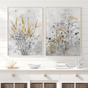 Fiore giallo nero astratto - Composizione floreale - Set di 2 stampe, poster floreale, stampa artistica botanica, arte murale contemporanea