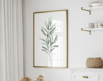 Watercolor Olive Branch in Light Green, Botanical Art Print, Minimalist Wall Decor, Modern Art