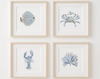 Coastal Watercolor Set of 4 Prints – Minimalist Ocean Life Art, Blue Animals Painting, Beach House Wall Decor, Crab, Fish, Marine Poster