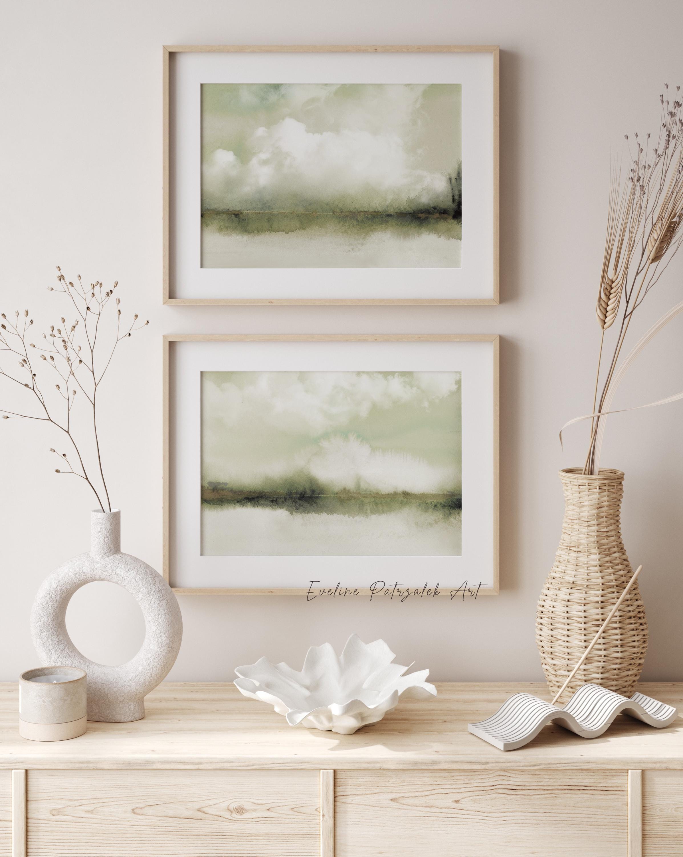 Moss Green Landscape Duo – Soft Watercolor Horizon Prints, Minimal