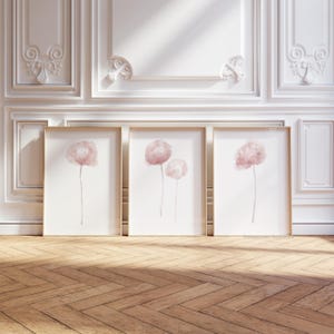Peonie astratte per vivaio floreale – Set di 3 stampe – Arte murale minimalista per vivaio – Dipinti di fiori rosa cipria ad acquerello
