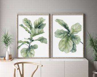 Fiddle Fig Leaves Set of 2, Watercolor Painting, Green Wall Mural, Minimalist Nature Art, Botanical Beach House Decoration, Modern Home