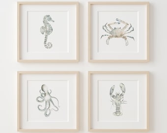 Neutral Toned Sea Life Watercolor Prints – Set of 4 Minimalist Coastal Artworks for Contemporary Interiors, Marine Ocean Creatures - Modern