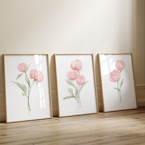 Watercolor Peonies Set of 3 – Minimalist Floral Wall Art – Abstract Peony Painting – Baby Girl Nursery Decor & Posters