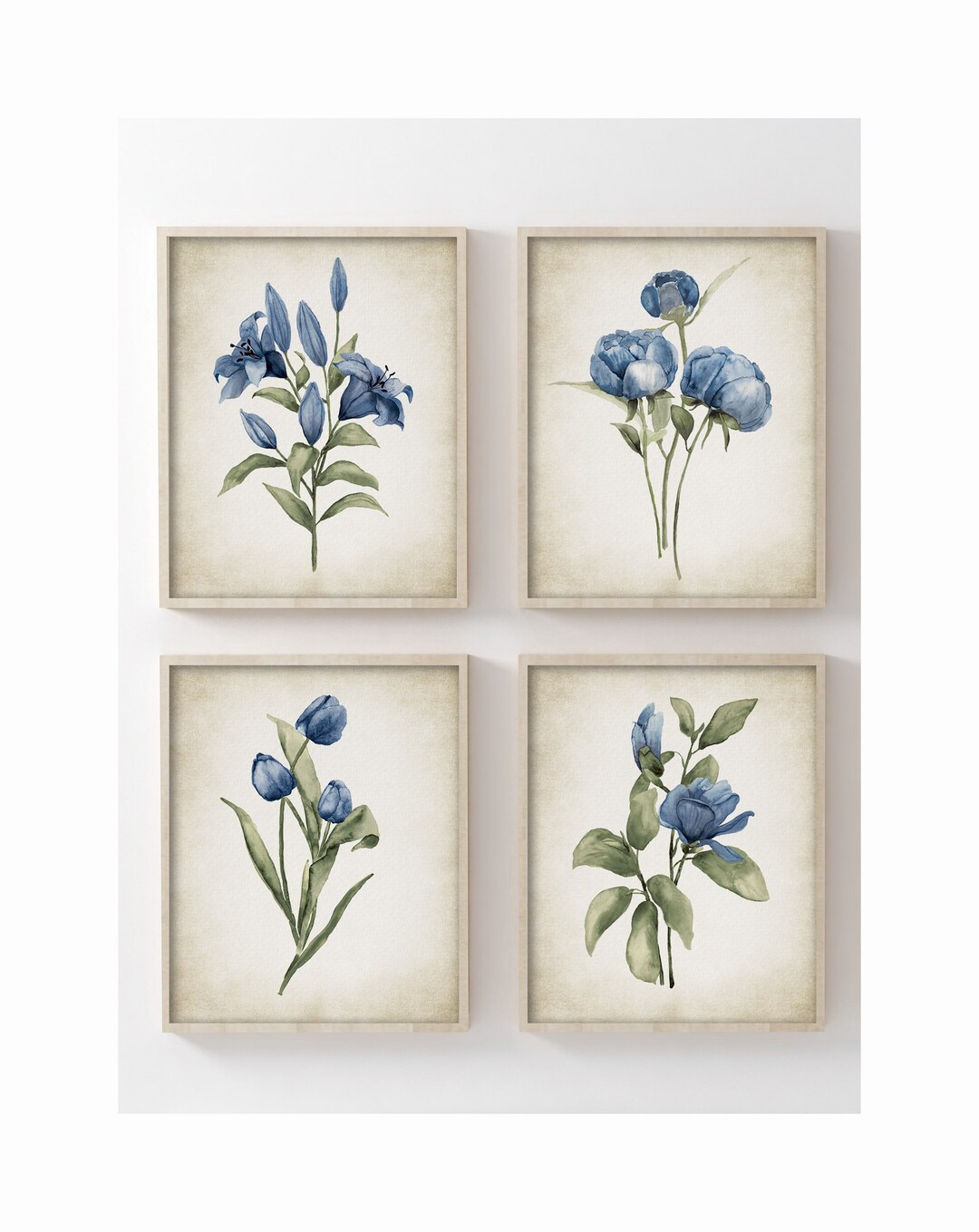 Navy Blue Flowers on Vintage Background, Hand Painted Art, Watercolor ...