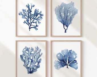 Arte botánico costero para el baño – Set de 4 láminas de acuarela de coral marino azul marino