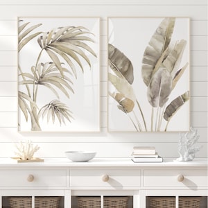 Neutrale tropisch botanische Wandkunst - Aquarell Palmen- und Bananenblattdruck, minimalistisches Naturdekor