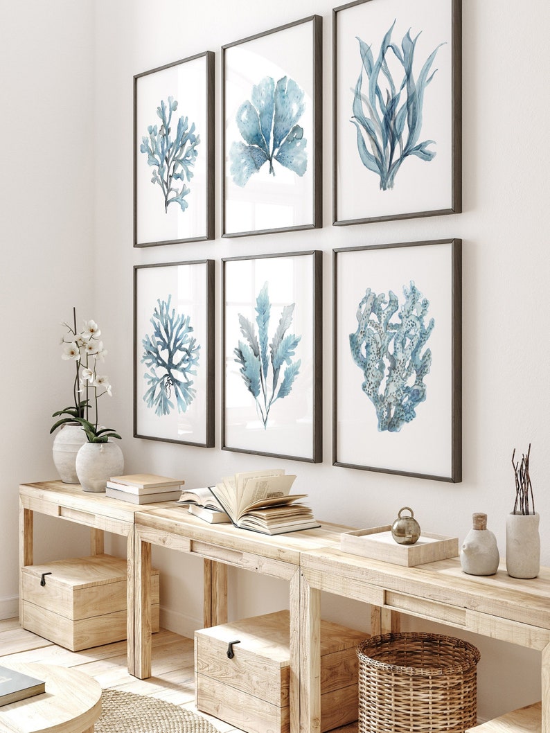 Blue & Gray Corals Minimalist Wall Decor Nautical Artwork - Etsy