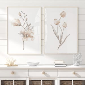 Arte murale floreale neutra, set di 2 stampe, decorazione murale botanica moderna, belle arti minimaliste