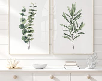 Green Eucalyptus  & Olive Branch, Watercolor Set of 2 Prints, Minimalist Wall Decor, Botanical Print, Floral Painting, Modern Greenery Print