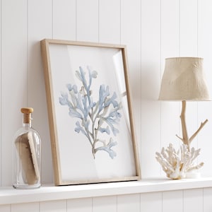 Dipinto blu corallo, arte murale minimalista costiera, arte murale botanica moderna ad acquerello, stampa extra large, decorazioni con coralli