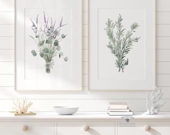 Aquarell-Botanisches Set, Küchenkräuter, Set mit 2 Drucken, Salbeigrüner Eukalyptus-Lavendel, Rosmarin-Aquarellpflanzen, moderne Bauernhauskunst