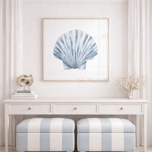 Minimalistische Jakobsmuschel in Blau - Aquarell Druck - Küsten Strandhaus Gemälde