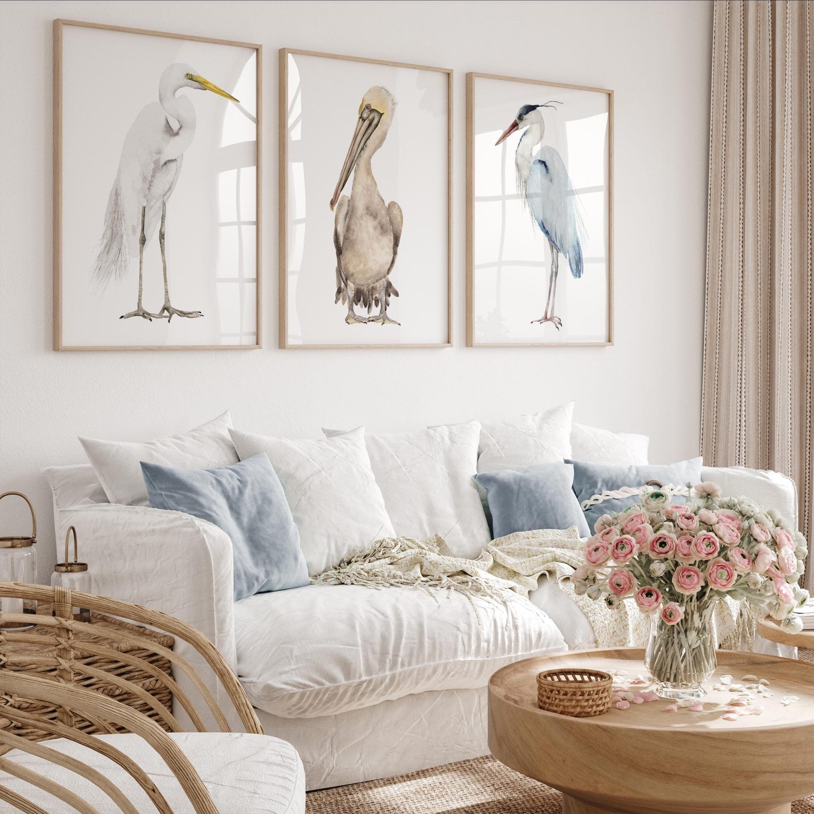 Coastal Bird Wall Art Set of 3 – Egret, Pelican & Heron Watercolor Prints, Blue Botanical Gallery Wall, Beach House Decor, Nature Artwork - (US 11x14) 27,9x35,6 cm
