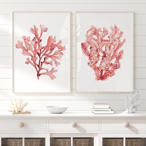 2 coralli rosso chiaro - Set di 2 stampe, arte marina, decorazioni minimaliste ad acquerello, immagini costiere, poster botanici tropicali